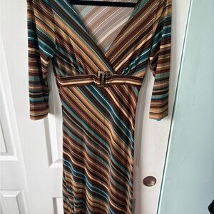 Body Central Brown and Teal Striped 3/4 Sleeve Dress